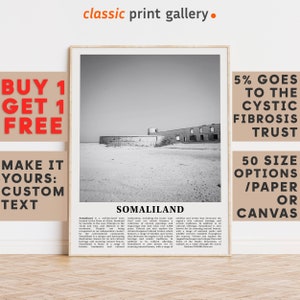 Somaliland Print, Somaliland Wall Art, Somaliland Black and White Poster, Personalized Birthday Travel Gift Present Africa 12256a