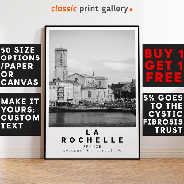 La Rochelle Poster Black and White Print, La Rochelle Wall Art, La Rochelle Travel Photo, La Rochelle Map, France Poster, France Print, 3759