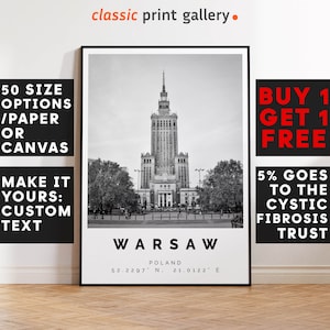 Warsaw Poster Black and White Print, Warsaw Wall Art, Warsaw Travel Photo, Warsaw Map, Poland Poster, Poland Print, 3888