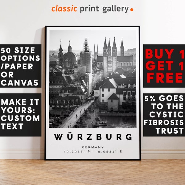 Würzburg Poster Black and White Print, Würzburg Wall Art, Würzburg Photo Print, Würzburg Gift Travel Decor,Germany,6345