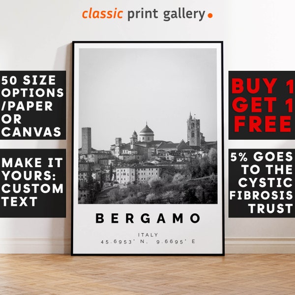 Bergamo Poster Black and White Print, Bergamo Wall Art, Bergamo Travel Poster, Bergamo Photo Print,Italy,5978
