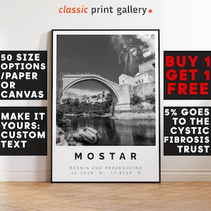 Mostar Poster Black and White Print, Mostar Wall Art, Mostar Travel Poster, Mostar Photo Print, Bosnia and Herzegovina, Old Bridge, 2919