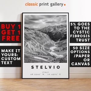 Impresión de Stelvio, arte de pared de Stelvio, póster en blanco y negro de Stelvio, regalo de viaje de cumpleaños personalizado, obra de arte fotográfica Italia 13527a