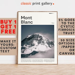 Mont Blanc Print, Mont Blanc Wall Art, Mont Blanc Color Poster With Text, Personalized Birthday Travel Gift Present, France/Italy 12004b