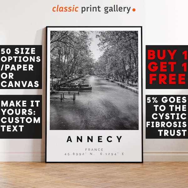 Annecy Poster Black and White Print, Annecy Wall Art, Annecy Travel Poster, Annecy Photo Print, France, Annecy Map, Europe, 2988