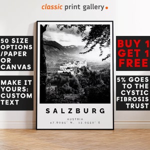 Salzburg Poster Black and White Print, Salzburg Wall Art, Salzburg Travel Photo, Salzburg Map, Austria Poster, Austria Print, 4245