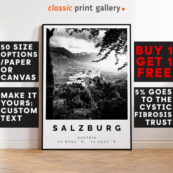 Salzburg Poster Black and White Print, Salzburg Wall Art, Salzburg Travel Photo, Salzburg Map, Austria Poster, Austria Print, 4245
