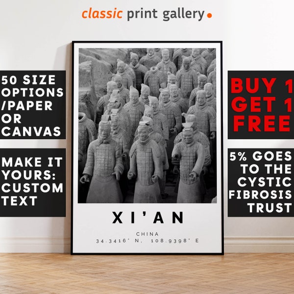 Xi'an Poster Black and White Print, Xian Wall Art, Xi'an Travel Poster, Xi'an Photo Print, Terracotta Warriors,  China,5670