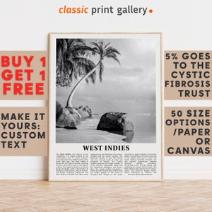 West Indies Print, West Indies Wall Art,Black and White Poster, Personalized Birthday Travel Gift Present Central America 12378a