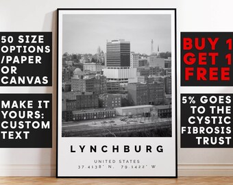 Lynchburg Poster Black and White Print, Lynchburg Wall Art, Lynchburg Travel Poster, Lynchburg Photo Print, Virginia, USA,5179