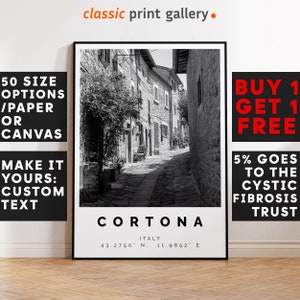 Cortona Poster Black and White Print, Cortona Wall Art, Cortona Travel Poster Photo, Cortona Map, Italy, Italia, 3317