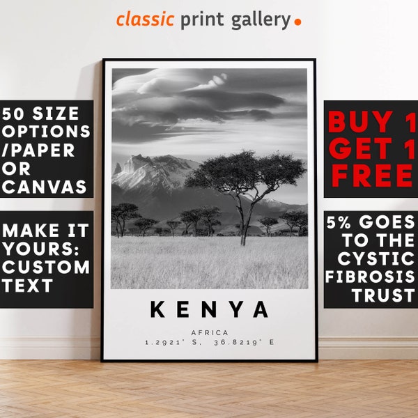 Kenya Poster,Kenya Print,Kenya Black and White Photographic Art, Wedding gift, Coordinates Poster, Travel Gift, 3693