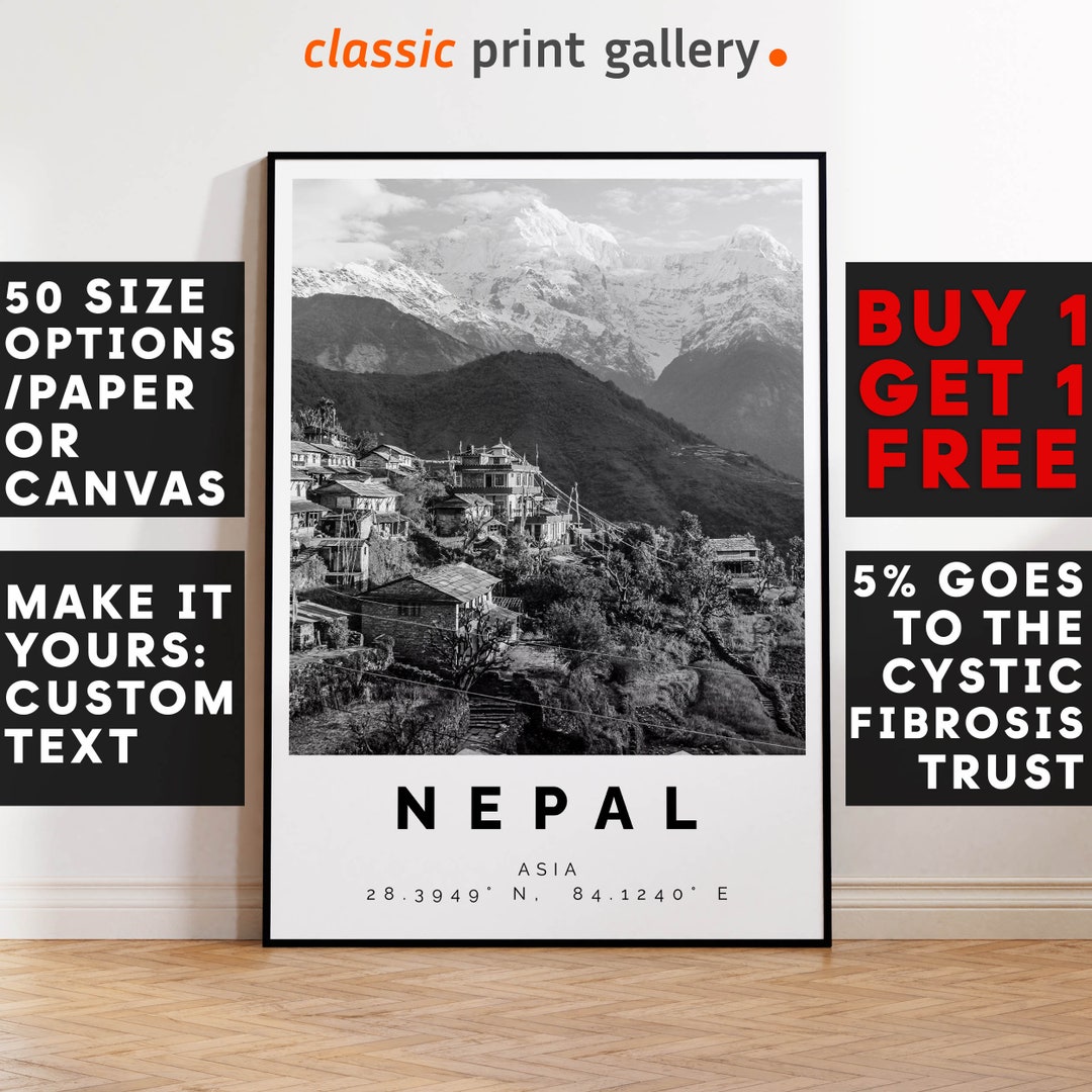 Nepal Poster Black and White Print, Nepal Wall Art, Nepal Travel Poster