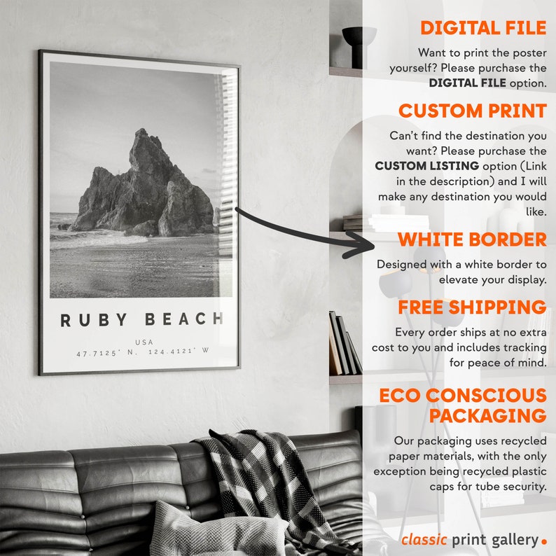 a black and white photo of a couch with a poster above it