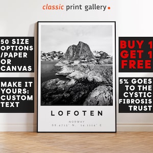 Lofoten Poster Black and White Print, Lofoten Wall Art, Lofoten Travel Poster, Lofoten Photo Print,Norway, Fjord, Map, Photograph 2734