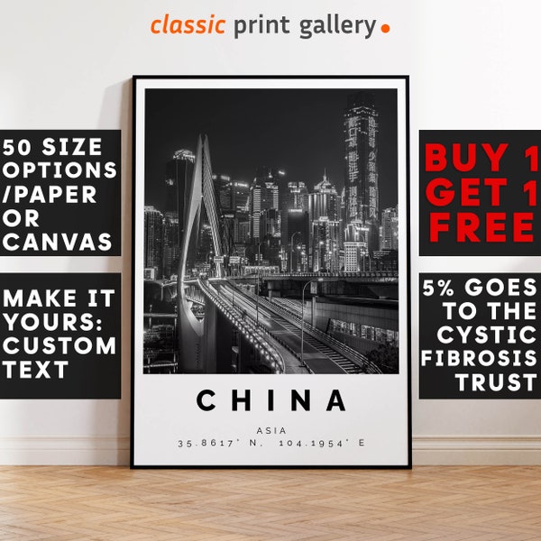 China Poster Black and White Print, China Wall Art, China Travel Poster, China Photo Print, Asia,5556