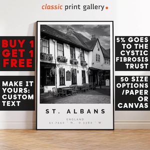 St. Albans-print, St. Albans-muurkunst, St. Albans zwart-witposter, gepersonaliseerde reisverjaardagscadeau aanwezig kunstwerk Engeland 14298a