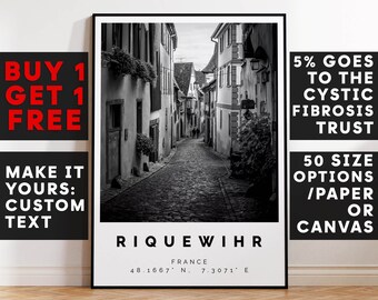 Riquewihr Print,Riquewihr Wall Art,Riquewihr Black and White Poster,Personalized Birthday Travel Gift Present Artwork France 13007a