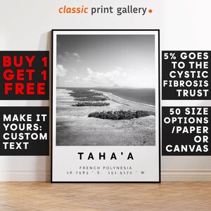 Taha'a Print,Taha'a Wall Art,Taha'a Black and White Poster,Personalized Birthday Beach Travel Gift Coastal French Polynesia 14743a