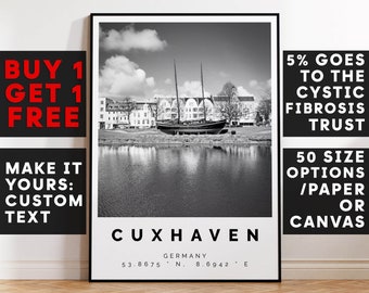 Cuxhaven Print, Cuxhaven Wandkunst, Cuxhaven Schwarzweiß Poster, personalisiertes Geburtstagsreisegeschenk Geschenk Kunstwerk Deutschland 14130a