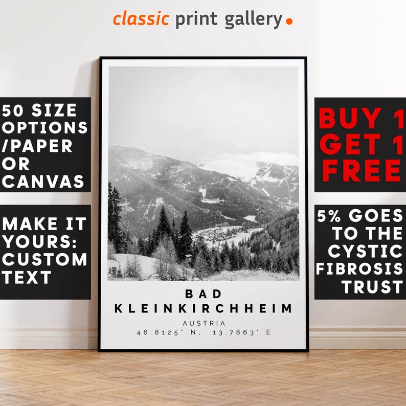 Bad Kleinkirchheim Poster Black and White Print, Bad Kleinkirchheim Wall Art, Bad Kleinkirchheim Travel Poster Photo,Austria,5837 image 1