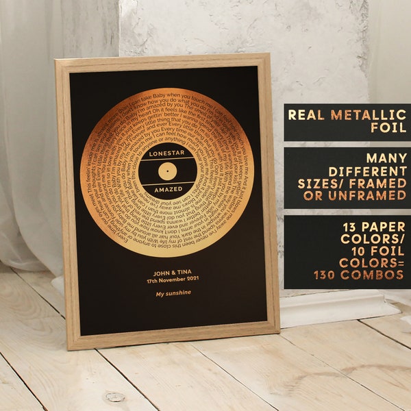 Paroles en vinyle personnalisées impression sur feuille, disque vinyle personnalisé sur feuille d'art métallique, affiche de chanson en feuille d'or, A4, A3, feuille véritable, cadeau pour elle, F43