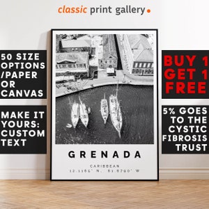 Grenada Poster Black and White Print, Grenada Wall Art, Grenada Travel Photo, Grenada Map, Caribbean Poster, Tropical Print, 3501