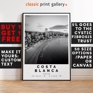 Costa Blanca Print,Costa Blanca Wall Art,Costa Blanca Black and White Poster,Personalized Birthday Travel Gift Present Spain 12682a