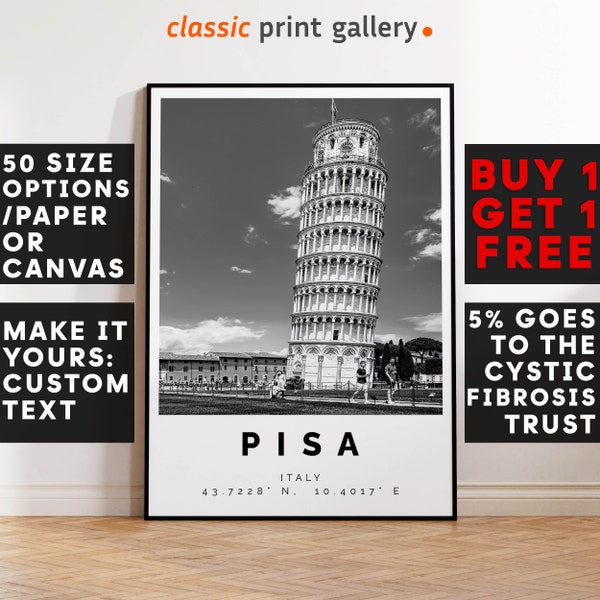 Pisa Poster Black and White Print, Pisa Wall Art, Pisa Travel Photo, Pisa Map, Italy Poster, Leaning Tower Print, 4386