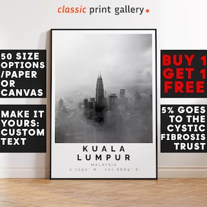 Kuala Lumpur Poster,Kuala Lumpur Print,Kuala Lumpur Black and White Photographic Art, Wedding gift, Coordinates Poster, Travel Gift, 3748