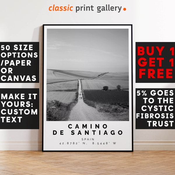 Camino de Santiago Poster Black and White Print, Camino de Santiago Wall Art,Camino de Santiago Travel Poster Photo, Spain,Catholic Art,3196