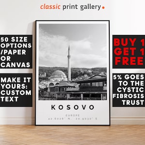 Kosovo Poster Black and White Print, Kosovo Wall Art, Kosovo Travel Photo, Kosovo Map, Balkan Poster, Balkan Print, 3729