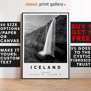 Iceland Poster Black and White Print, Iceland Wall Art, Iceland Travel Photo, Iceland Map, Waterfall Poster, Geyzir Iceland Print, 3598