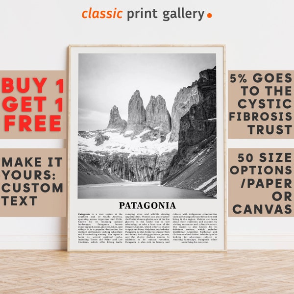 Patagonia Print, Patagonia Wall Art, Patagonia Black and White Poster, Personalized Birthday Travel Gift Present Argentina/Chile 12106a1