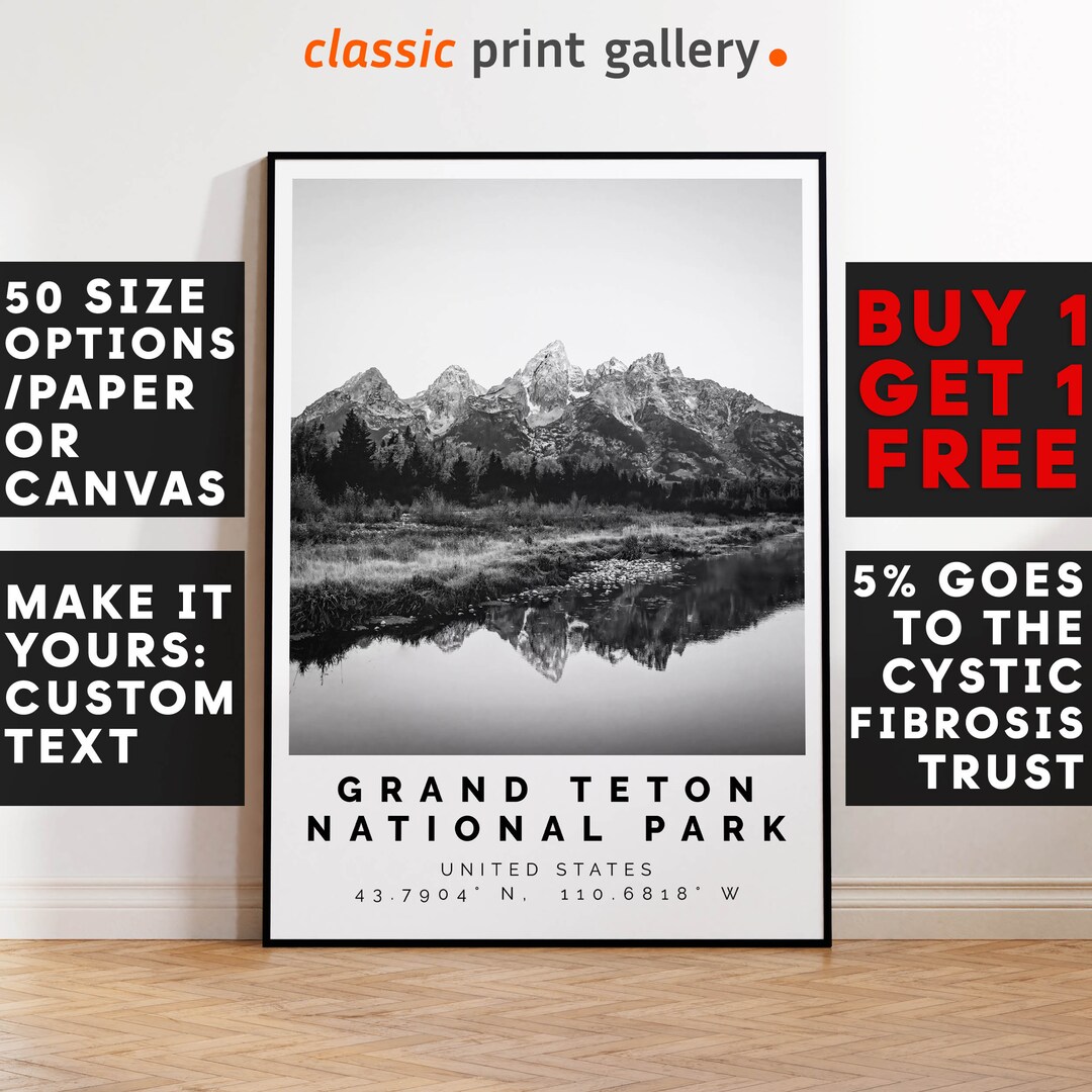 Grand Teton Poster Black and White Print, Grand Teton Wall Art, Grand ...