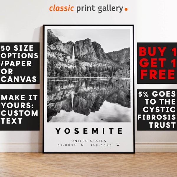 Yosemite National Park Poster Black and White Print, Yosemite Wall Art, Yosemite Travel Photo, Yosemite Map, California Poster Print, 3844