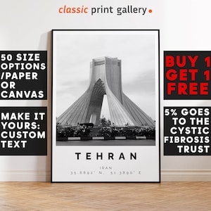 Tehran Poster Black and White Print, Tehran Wall Art, Tehran Travel Photo, Tehran Map, Iran Poster, Iran Print, 4053