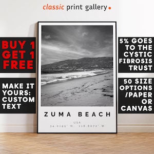 Zuma Beach Print,Zuma Beach Wall Art,Zuma Beach Black and White Poster,Personalized Birthday Beach Travel Gift Coastal Usa 15751a
