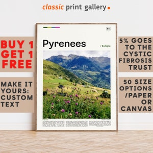 Pyrenees Print, Pyrenees Wall Art, Pyrenees Color Poster With Text, Personalized Birthday Travel Gift Present, France/Spain 12157b