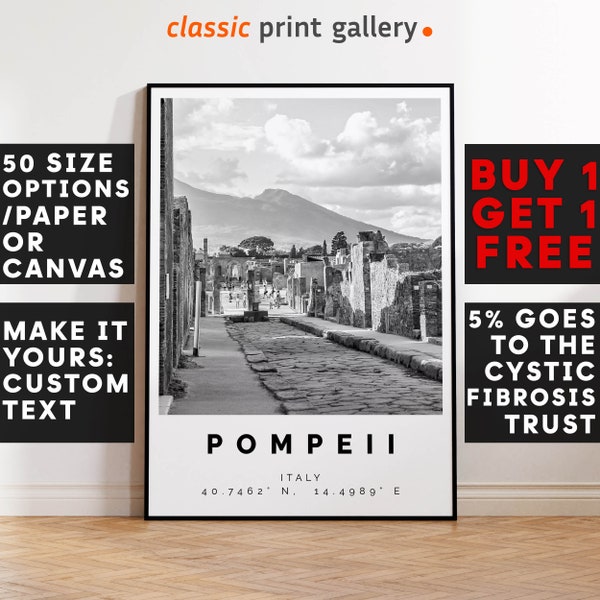 Pompeii Poster Black and White Print, Pompeii Wall Art, Pompeii Travel Photo, Pompeii Map, Pompei Poster, Italy Roman Print, 4365