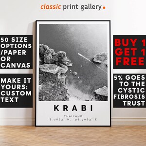 Krabi Poster Black and White Print, Krabi Wall Art, Krabi Travel Photo, Krabi Map, Thailand Poster, Thailand Print, 3733