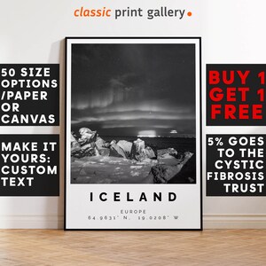Northern Lights Poster Black and White Print, Northern Lights Wall Art, Northern Lights Travel Photo,Northern Lights Map, Iceland Print,3600