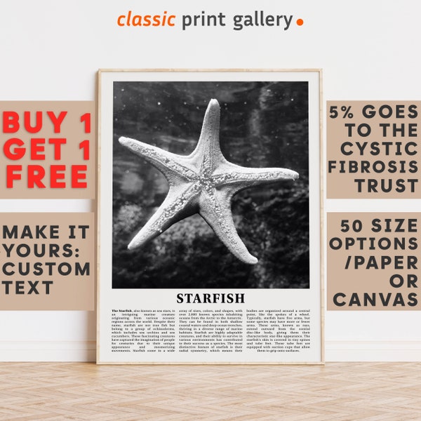 Starfish Print, Starfish Wall Art Poster, Black White Classroom Teacher Gift Present Kids Room Nursery Photography Biology Art 14834a