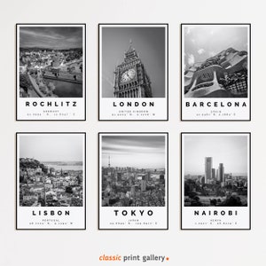 four black and white photographs of different cities