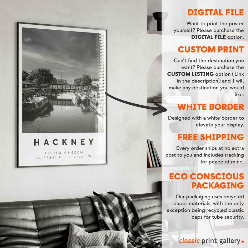 Hackney Poster Black and White Print, Hackney Wall Art, Hackney Travel Poster, Hackney Photo Print, United Kingdom,5300 image 5