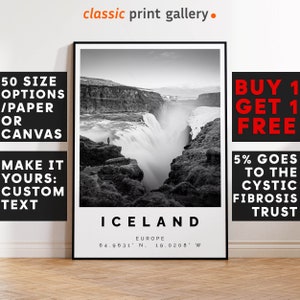 Gulfoss Falls Poster Black and White Print, Gulfoss Falls Wall Art, Gulfoss Falls Travel Photo, Gulfoss Falls Map, Iceland Print, 3599