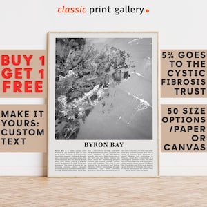 Byron Bay Print, Byron Bay Wall Art, Byron Bay Black and White Poster, Personalized Birthday Travel Gift Present Australia 11547a