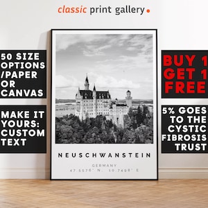 Neuschwanstein Poster Black and White Print, Neuschwanstein Castle Wall Art, Neuschwanstein Castle, German Romantic Castle, 4549a