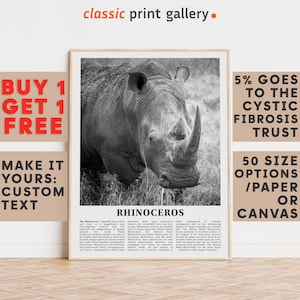 Rhinoceros Print, Rhinoceros Wall Art Poster, Black White Classroom Teacher Gift Present Kids Room Nursery Photography Biology Art 14786a