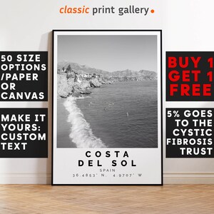 Costa del Sol Poster Black and White Print, Costa del Sol Wall Art, Costa del Sol Travel Poster Photo, Costa del Sol Map, Spain, 3319